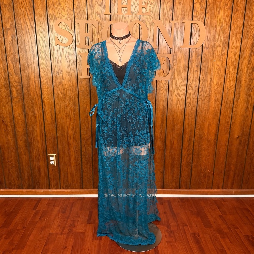Teal Sheer Floral Lace Maxi Dress Overlay Women OS Fairycore Whimsigoth Y2K